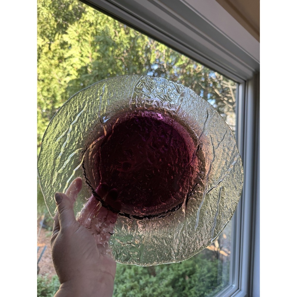 Vintage 12" Amethyst & Clear Ice Glass Platter | Mid Century Textured Art Glass